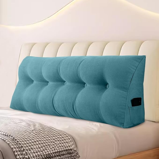 Large Triangular Headboard Pillows Long Backrest Positioning Support Bolster Cushion for Daybed Fluffy Quality Plush Body Wedge Pillow with Removable Cover(Light blue-Full-54x8x20in)