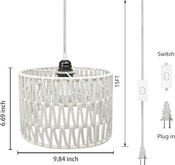 Hanging Lamp Plug in Rattan Hanging Lights with Plug in Cord, Woven Pendant Light with Smart RGB Bulb and Remote Control for Bedroom Living Room Farmhouse Kitchen (White, Barrel Shade)