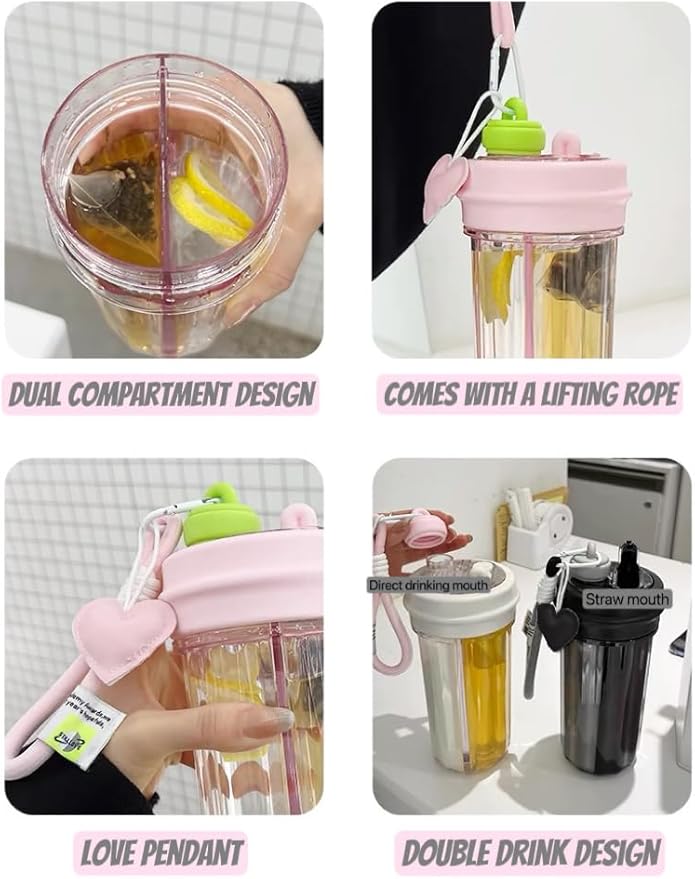 28oz Split Flask Tumbler 2 in 1 Mixed Drink Tumbler, Kawaii Cup With Storage Blender Water Bottle, Travel Camping Snack Slushie Cup With Straw (Pink)