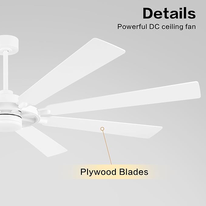 72" Ceiling Fan with Lights and Remote Control, Wood 8 Blades 6-Speed Noiseless Reversible DC Motor, 3 Downrods, Modern Large Ceiling fan for Covered Patio Bedroom Living Room Office, White
