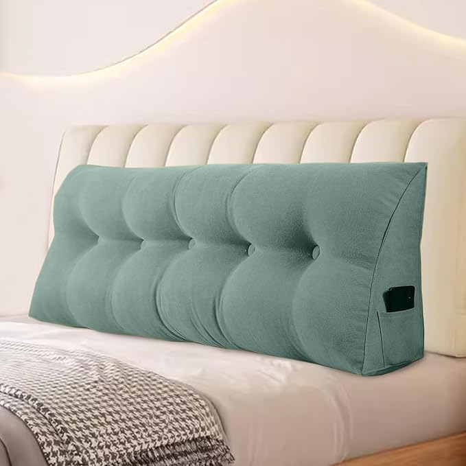 Large Triangular Headboard Pillows Long Backrest Positioning Support Bolster Cushion for Daybed Fluffy Quality Plush Body Wedge Pillow with Removable Cover(Light Green-Cal King-71x8x20 in)
