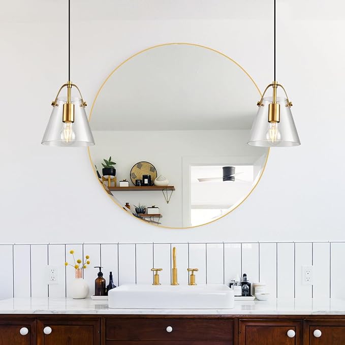 Brass Pendant Lights Kitchen Island,Modern Design Clean Clear Farmhouse Glass Pendant Light,Light Fixture Kitchen Pendant Medium Hanging Light Fixture for Sink A60 Bulb Recommened