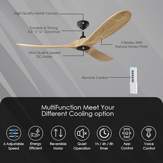 3MAVSM52MBKNH Maverick Smart Ceiling Fan with Remote Control, Indoor or Outdoor, Compatible with Alexa & Google Voice (Matte Black with Natural Honey Blades, 52-inch)