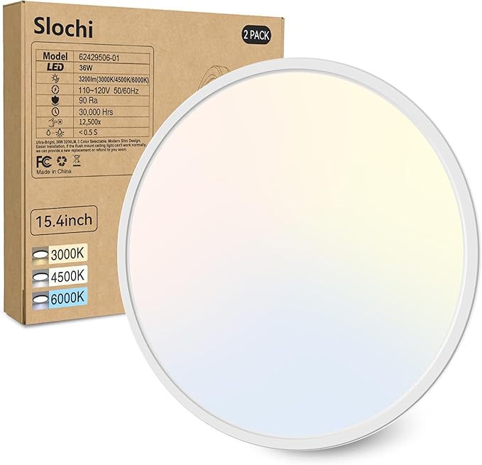 slochi 15.4 Inch Flush Mount Ceiling Light, 36W 3200lm Ultra Thin LED Ceiling Light, 3000K/4000K/6500K 3 Color Temperature Low Profile Ceiling Light Fixtures for Bedroom, Kitchen, Living Room, Closet