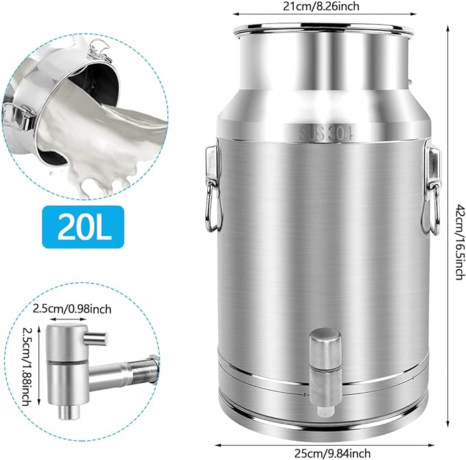 304 Stainless Steel 20 Liter Milk Can, Milk Bucket Wine Pail Bucket with Spigot 5.25 Gallon Milk Can Tote Jug with Sealed Lid Heavy Duty for Milk and Wine