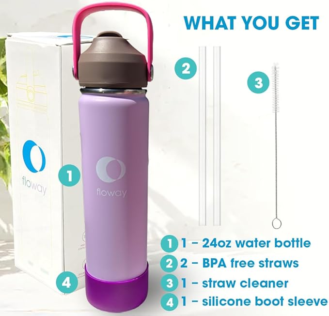 24oz Stainless Steel Vacuum Insulated Water Bottle with Straw Lid and Cleaning Brush, BPA Free, Leakproof, Temp Control, for Hot and Cold Drinks (Electric Lavender, 24oz)