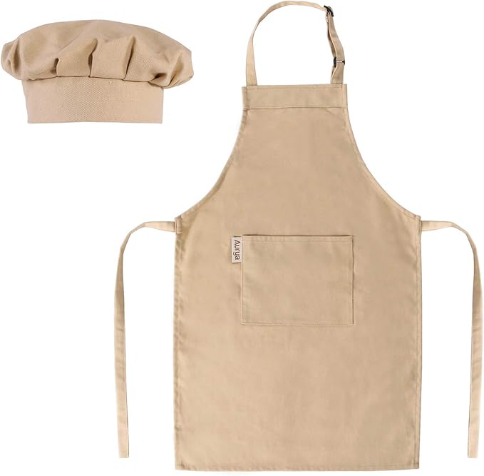 Kids Apron and Chef Hat Set-Adjustable Child Apron for Boys and Girls for Cooking Baking Khaki