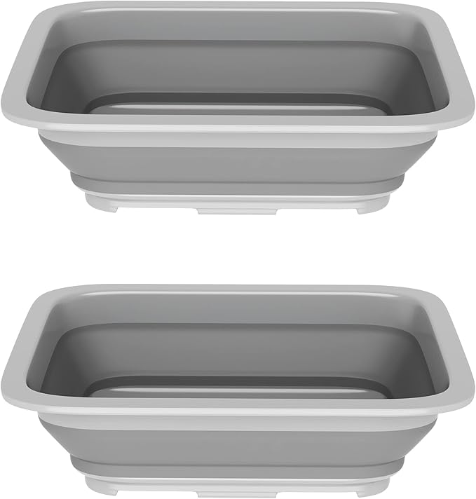 Set of 2 Multipurpose Wash Bins – 10-Liter Basins for Camping, Parties, or Cleaning – Collapsible Bucket Set by Wakeman (Gray)
