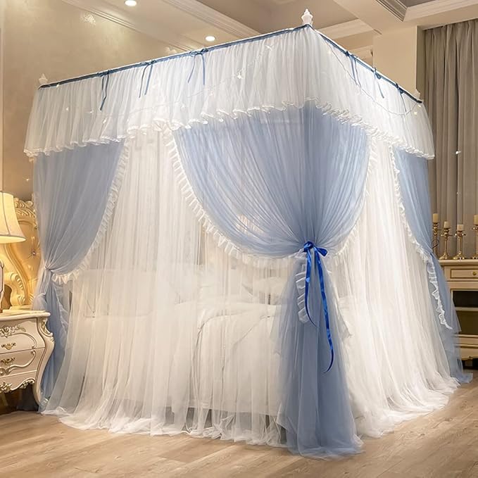 Mengersi Canopy Bed Curtains with Lights,4 Corner Bed Canopy Royal Luxurious Bed Drapes Netting,Princess Bed Curtains for Girls Adults Bedroom Decoration (Gray Blue, California King)