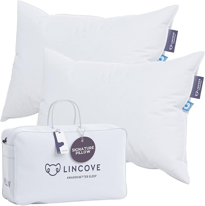 Lincove Signature 100% Natural Canadian White Down Luxury Sleeping Pillow - 800 Fill Power, 500 Thread Count Cotton Shell, Made in Canada, Queen - Firm, 2 Pack