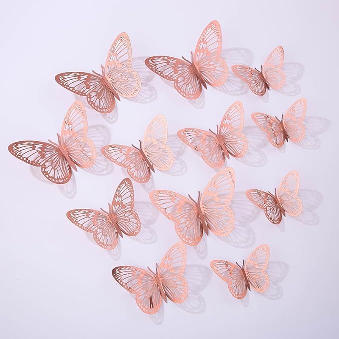 3D Butterfly Wall Decor 48 Pcs 4 Colors 3 Sizes,Gold Silver Laser Rose Butterfly Decorations for Butterfly Birthday Decorations Butterfly Party Decorations Cake Decorations,Removable Sticker (Style-G)