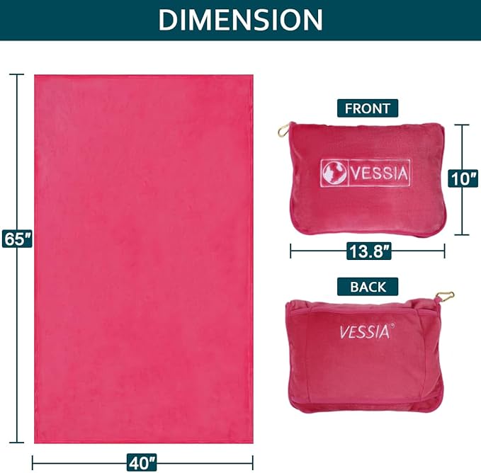 Vessia Travel Blanket for Airplane, Train and Car, Warm and Soft Travel Blanket and Pillow 2 in 1 for Adults and Kids, Portable Compact Long Flight Blanket with Luggage Sleeve, Backpack Clip(Hot Pink)
