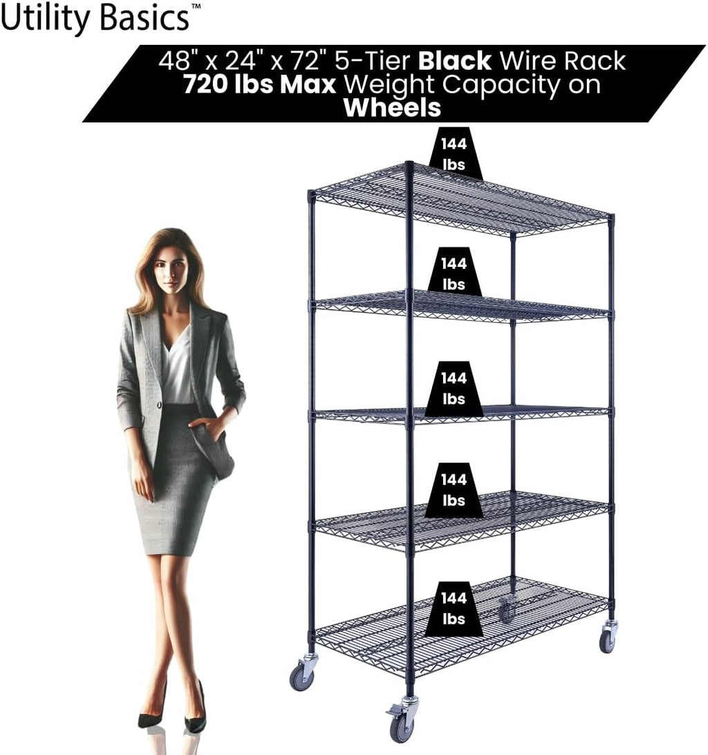 48"x24"x72" Black 5-Tier Premium Wire Shelving NSF 4000 LBS MAX Capacity Heavy Duty Steel Storage Rack for Warehouses, Garages, Hospitals, Commercial Spaces, & Schools w/Premium Wheels