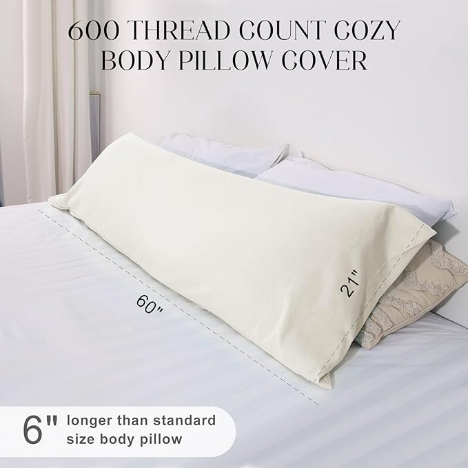 Soft Body Pillow Covers Pillowcases 60 x 21 Inch, WINKAURA Long Pillow Cover for Bed Fits 54x20 Pillow, Envelope Closure, Stylish Wrinkle and Stain Resistant,Cream Color