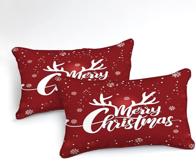Bedbay Comforter Set King Size Christmas Bedding Set Xmas Elk Snowflakes Printed 4 Pcs Microfiber Soft Xmas Festival Bedding Set 1 Comforter 2 Pillowcases 1 Cushion Cover(Red,King)