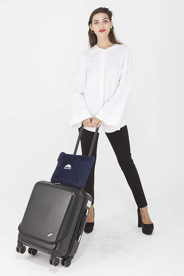 BlueHills Premium Soft Travel Blanket Pillow Airplane Blanket Packed in Soft Bag Pillowcase with Hand Luggage Belt and Backpack Clip, Compact Pack Large Blanket for Any Travel (Navy Blue T002)