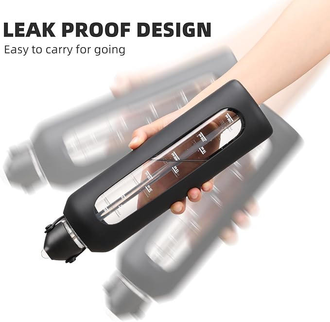 20 oz Glass Water Bottles with Straw Borosilicate Glass Water Bottle with Time Marker Motivational Water Bottles with Silicone Sleeve Leak Proof Reusable BPA Free