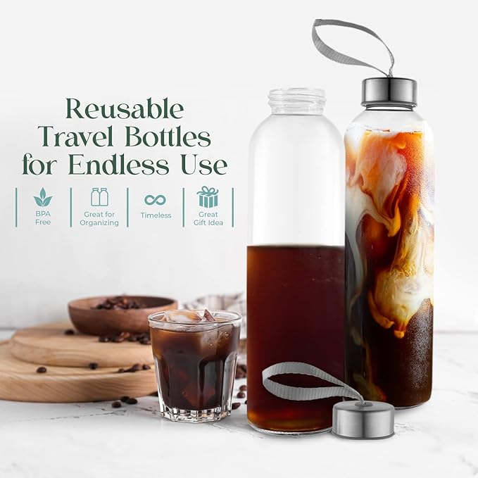 32 oz Glass Water Bottle Set of 4 - Reusable, Eco-Friendly, Airtight, Leak Proof Bottles for Travel