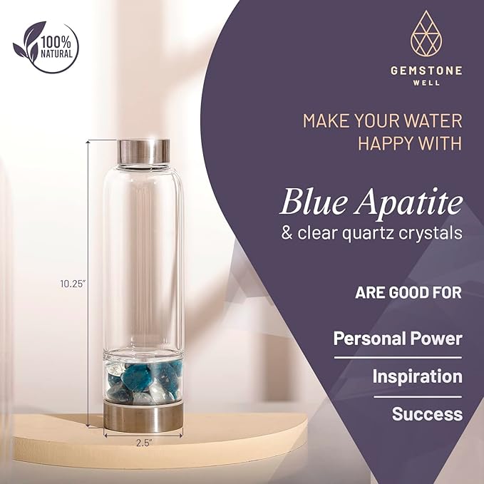 Crystal Water Bottle Elixir Set | Genuine Blue Apatite & Clear Quartz Gemstones | Black Neoprene Sleeve | Created For The Healing Enthusiast To Drink Gem Infused Water