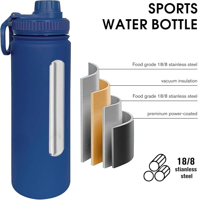 22oz Insulated Water Bottle ，Stainless Steel Sports Water Cup Flask with 2 Lids, Wide Mouth Travel Thermal Mug,Outdoor Sports Bottle（Dark Blue）