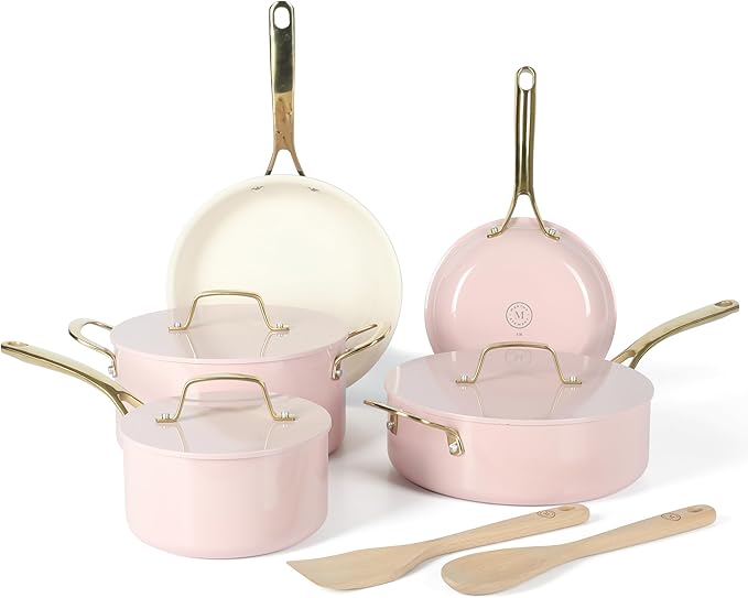 Martha Stewart Galway Premium Nonstick PFA Free Ceramic Interior 10 Piece Heavy Gauge Enamel Aluminum Pots and Pans Cookware Set W/Aluminum Lids - Pink W/Gold Handle