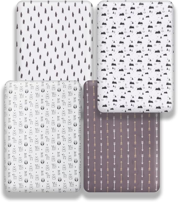 4 Pack Woodland Forest Animals Wood Neutral Unisex Fitted Baby Crib Sheets Set for Baby Boys or Girls Cartoon
