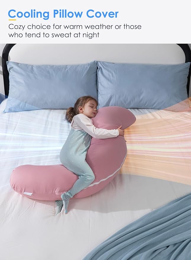 QUEEN ROSE Cooling Body Pillow, Full Body Support Pillow for Side Sleepers, Soft S Shaped Hug Pillow for Adults, with Removable Pillowcase, Pink