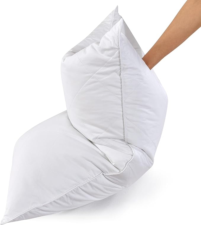 Three Geese White Goose Feather Bed Pillows Queen Size Set of 2- Soft 600 Thread Count 100% Cotton, Medium Firm,Soft Support Surround Fill Polyester (Queen Size:Pack of 2)