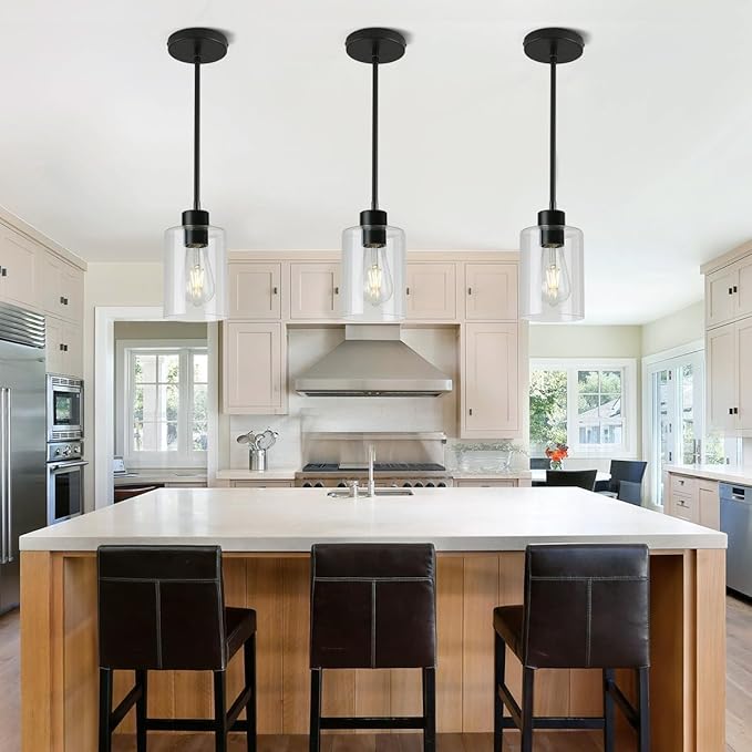 Black Pendant Lights Kitchen Island - Clear Glass Pendant Light Fixture Multiple Stems Rods 3 Units 12 Inch 3 Units 4 Inch (Black 3 Pack Stem Rod)