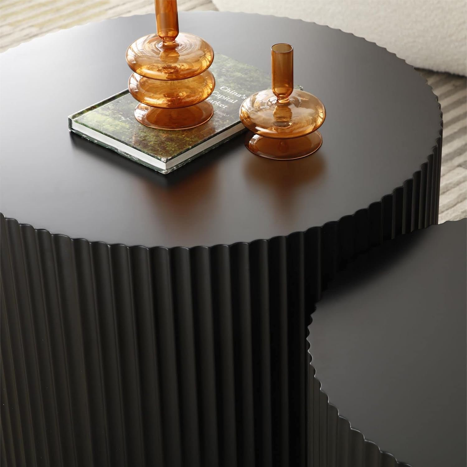 Round Nesting Coffee Table Black Round Fluted Coffee Table Set of 2 for Living Room Small Circle Drum Nested Coffee Tables (Black A 18in)