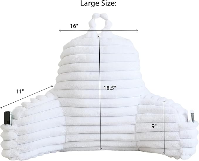 Faux Fur Fluffy White Reading Pillow with Pockets, Luxury Striped Plush Decorative, Arm Rests and Back Surport for Bed Rest, Lounging on sofa, Large