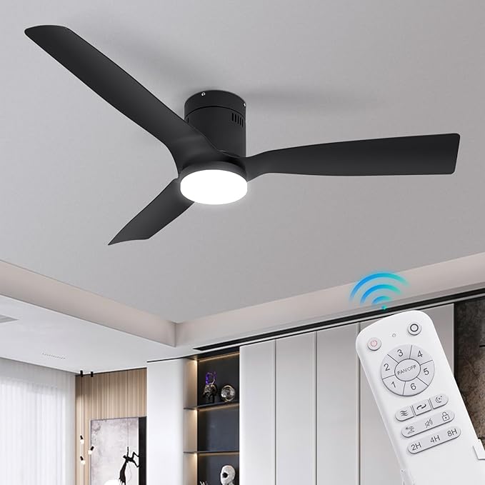 Black Flush Mount Ceiling Fan 52 inch,with Remote,22W Dimmable LED Light,DC Motor,6 Speed,Reversible,Low Profile Ceiling Fan Outdoor Indoor with Memory Function for Bedroom/Patios/Kitchen