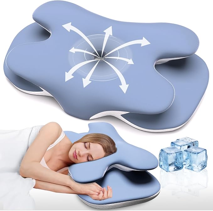 Cervical Neck Pillow for Pain Relief, Contour Memory Foam Pillow with Ice Silk Pillowcase, Neck Support Pillows, Ergonomic Orthopedic Pillow for Back, Side, Stomach Sleepers (Blue)