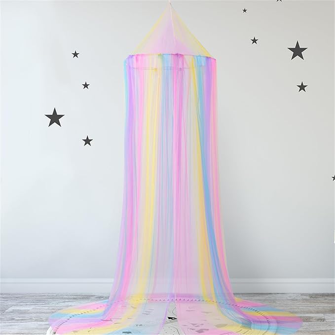 Mosquito Net Bed Canopy for Girls,Rainbow Canopy Bed Curtains Full Queen Size from Ceiling,Dome Mosquito Netting Bed Tent Twin Girls Princess Canopy King Bed Decor