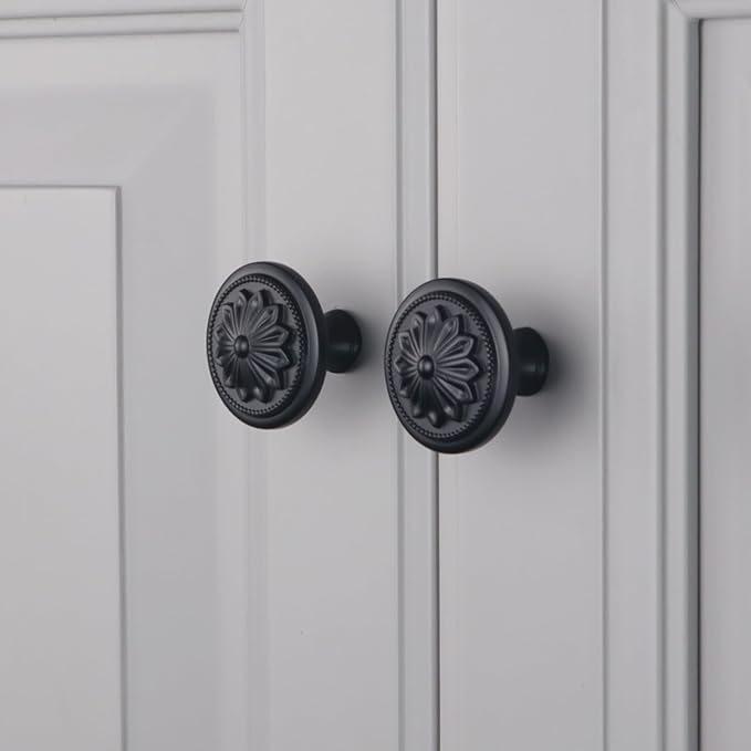 Kitchen Cabinet Knobs, 10 Pack Matte Black Zinc Alloy, 1-2/5'' Round Handles for Cabinets and Drawers Dresser, Included Screws