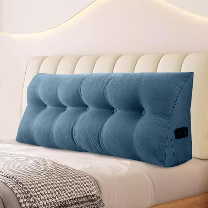 Large Triangular Headboard Pillows Long Backrest Positioning Support Bolster Cushion for Daybed Fluffy Quality Plush Body Wedge Pillow with Removable Cover(Dark Blue-Twin/Twin XL-39x8x20 in)