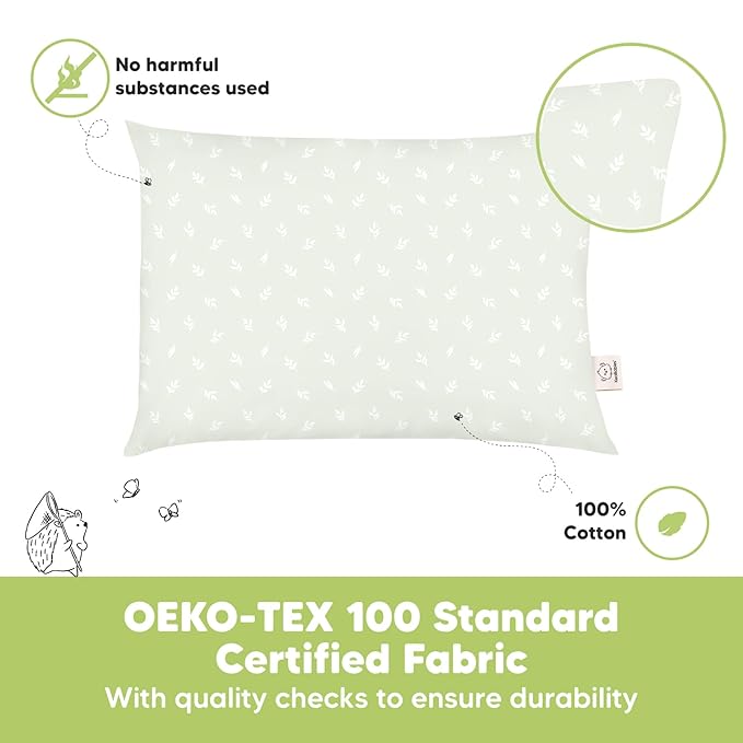 2-Pack Toddler Pillow - Soft Organic Cotton Toddler Pillows for Sleeping - 13X18 Small Pillow for Kids - Kids Pillows for Sleeping - Kids Pillow for Travel, School, Nap, Age 2 to 5 (Herb)