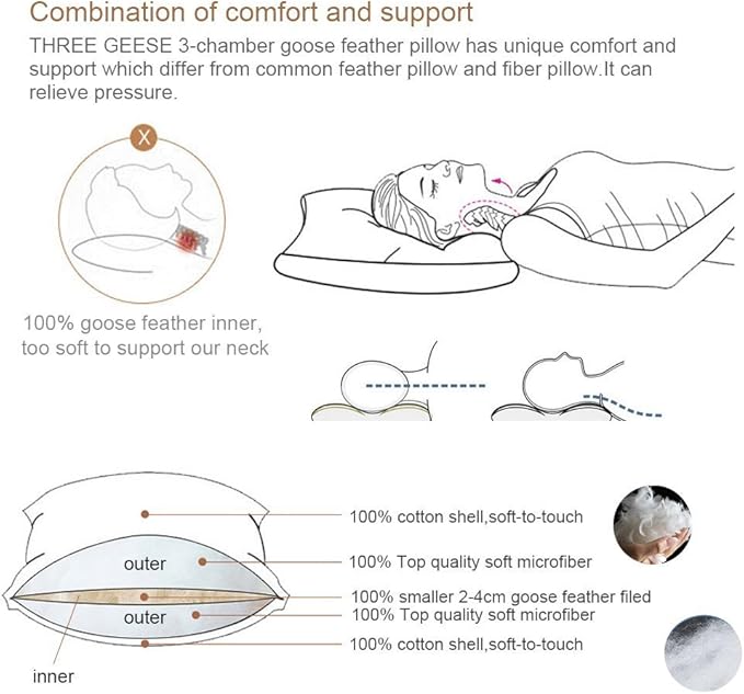 Three Geese Pack of 2 White Goose Feather Bed Pillows Queen/Standard Size- Soft 600 Thread Count 100% Cotton, Medium Firm,Soft Support Surround Fill Polyester,White Solid