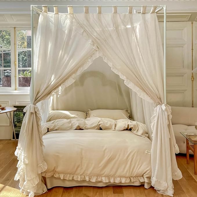 Mengersi Linen Canopy Bed Curtains,Bed Canopy Curtains 4 Corner Bed Drapes Sheer Curtains for Bedroom Decor (Ivory, Queen)