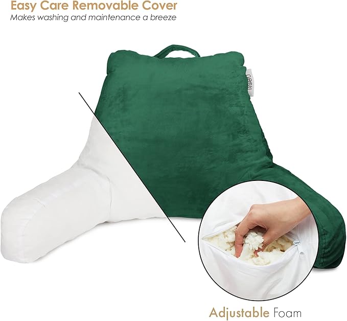 Nestl Reading Pillow Standard Bed Pillow, Back Pillow for Sitting in Bed Shredded Memory Foam Chair Pillow, Reading & Bed Rest Pillows Dark Green Back Pillow for Bed, Bed Chair Arm Pillow with Pockets