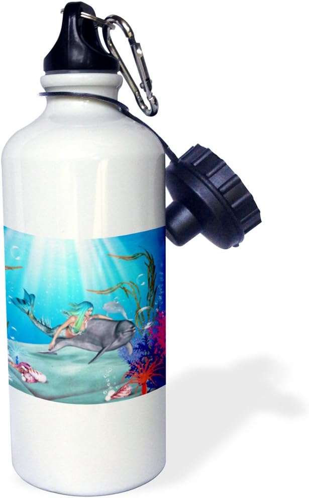 3dRose Mermaid Swims with A Dolphin Underwater Sports Water Bottle, 21Oz, Multicolored