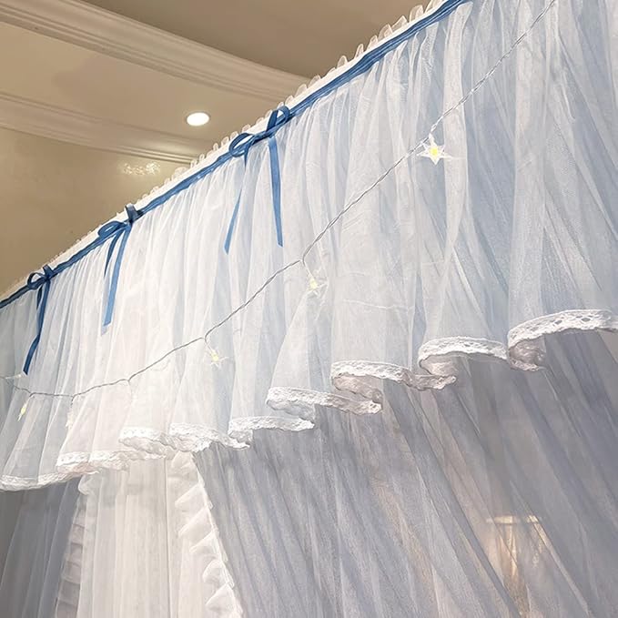 Mengersi Canopy Bed Curtains with Lights,4 Corner Bed Canopy Royal Luxurious Bed Drapes Netting,Princess Bed Curtains for Girls Adults Bedroom Decoration (Gray Blue, Queen)