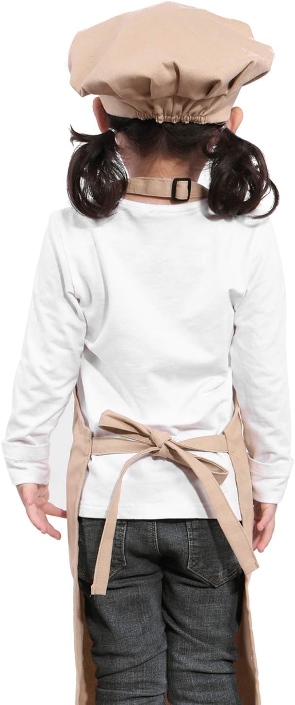 Kids Apron and Chef Hat Set-Adjustable Child Apron for Boys and Girls for Cooking Baking Khaki