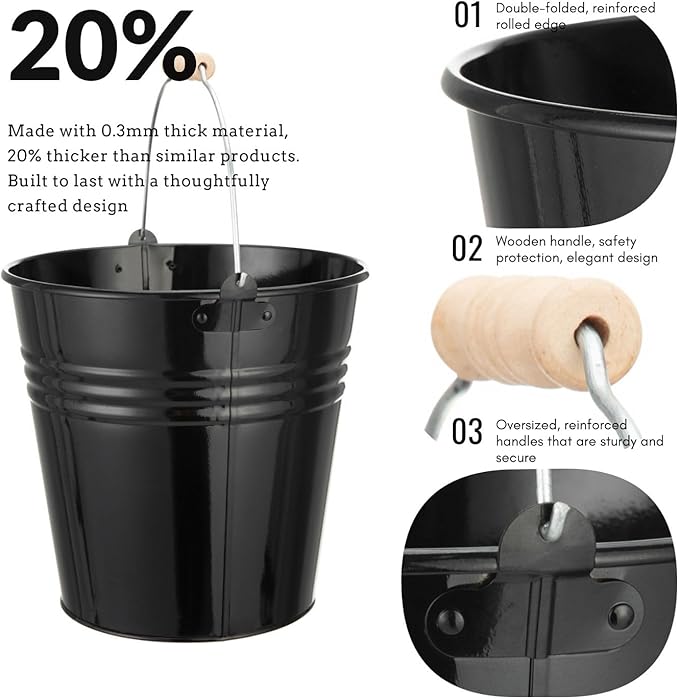 3PCS 5-Quart Galvanized Pail Ice Buckets Metal Beer Bucket Beverage Tubs for Parties (Black)