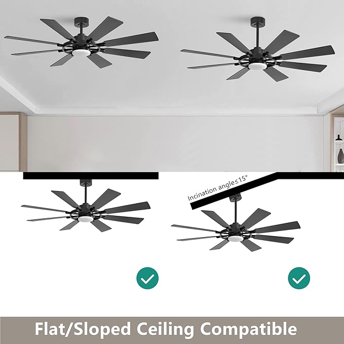 80" Ceiling Fan with Lights and Remote Control, Wood 8 Blades 6-Speed Noiseless Reversible DC Motor, 3 Downrods, Modern Large Indoor/Outdoor Ceiling fan for Patio Bedroom Dining Living Room, Black