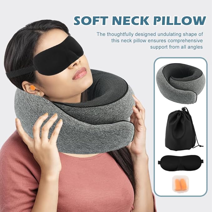 Travel Neck Pillow with Eye Covers,2pcs Earplug and Drawstring Bag,Memory Foam Travel Pillow,360° Adjustable Full Surrounding Flying Neck Pillows,for Traveling,Car,Home,Office