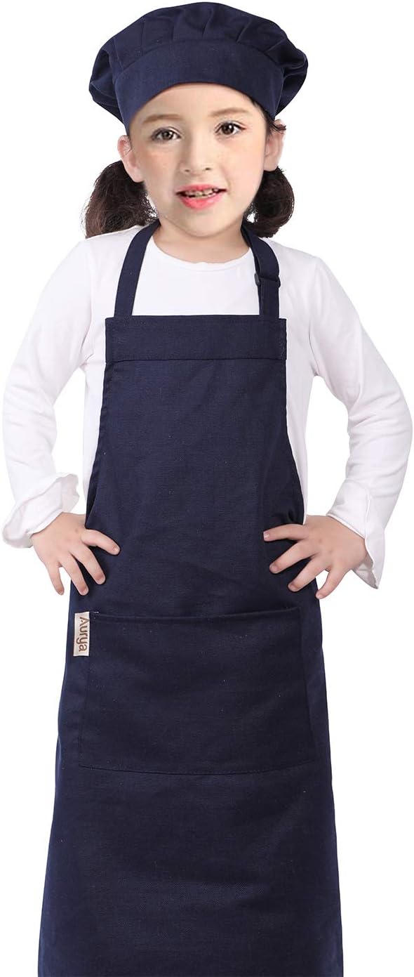 Kids Apron and Chef Hat Set-Adjustable Child Apron for Boys and Girls for Cooking Baking Dark Blue