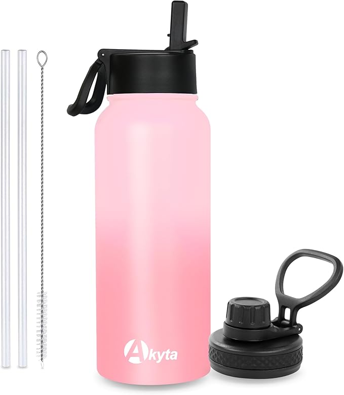 32 OZ Water Bottle, Sports Water Bottle with Straw Lid, Vacuum-Insulated Stainless-Steel, Keep Water Cold/Hot, Double-walled Thermos Metal Water Bottle (Pink, 32 OZ)
