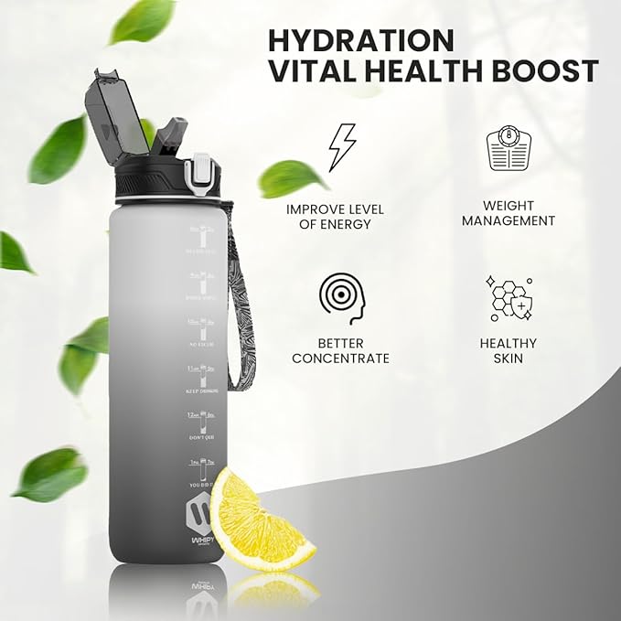 1L Water Bottle with Straw - Leak-Proof & BPA Free Reusable Sports Bottle - Motivational Time Markings for Hydration Durable Drink Bottle for Gym, Sports, Outdoor (White and Black)