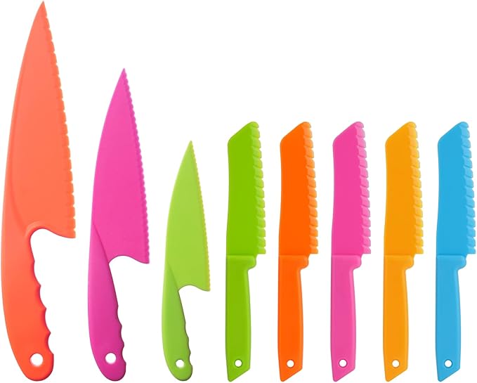 MOTYAWN 8 Pieces Kids Plastic Nylon Cooking Knife Set, Safe Knives for Bread Without BPA,Children's Safe Cooking Chef Nylon Knives for Cooking and Cutting Fruits, Veggies & Cake